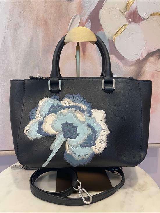 Tory Burch Handbags - Tory Burch Black Leather Satchel with Blue and Cream Floral Appliqué
